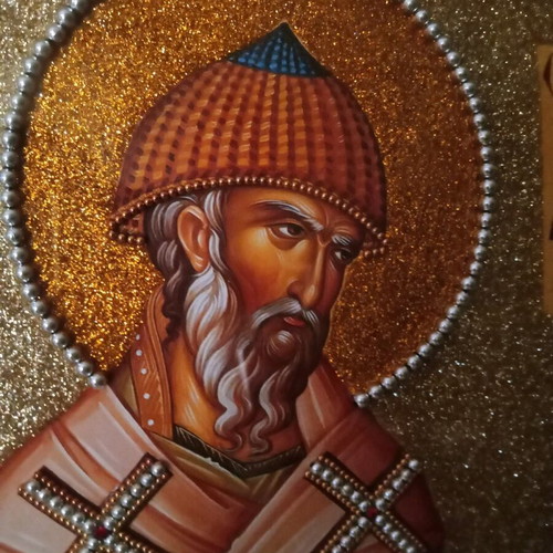 Εικόνα Άγιος Σπυρίδων καινούργια, γεμάτη χάντρες και χρυσόσκονη χειροποίητη