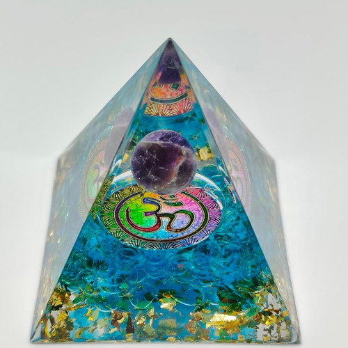 Orgonite pyramid with amethyst and Om symbol like new