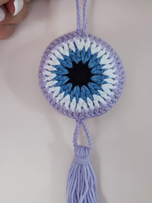 Crochet hanging evil eye with lilac tassel new