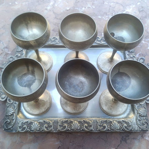 Silver-plated liqueur set used, 7 pieces vintage antique