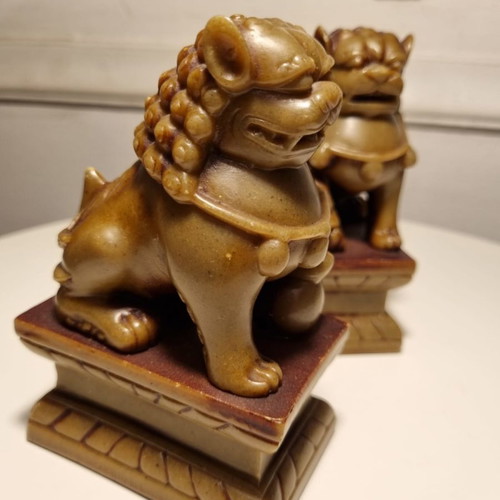 Pair of carved 1950s soapstone Foo Dogs used