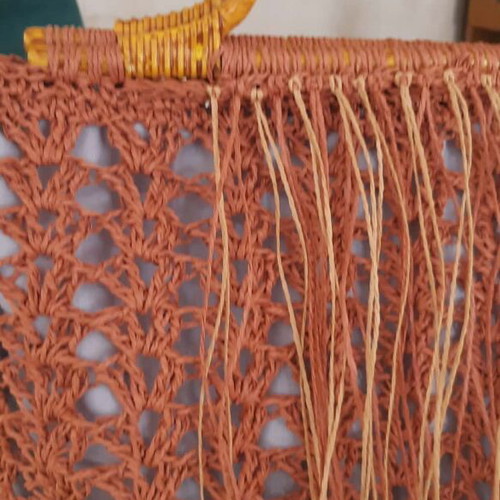 Terra Boho crochet handbag with wooden handle, terracotta