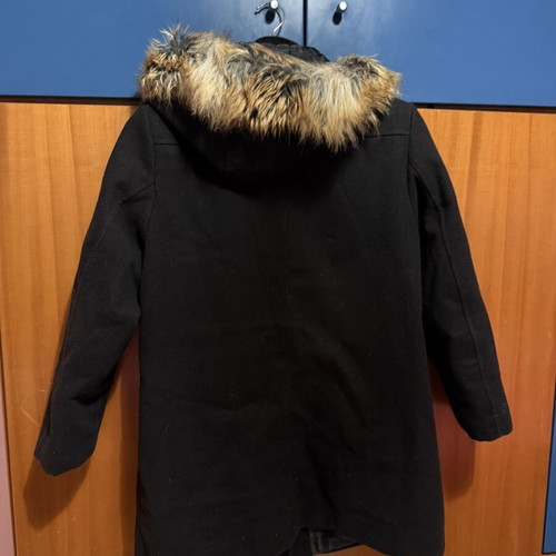 Black coat with hood used, size XL, fur trim