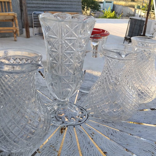 Vintage glassware set of 5 pieces, used, including pitchers and vase
