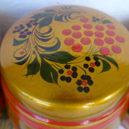 Khokhloma jars used, set of 7, wooden, handmade, USSR vintage