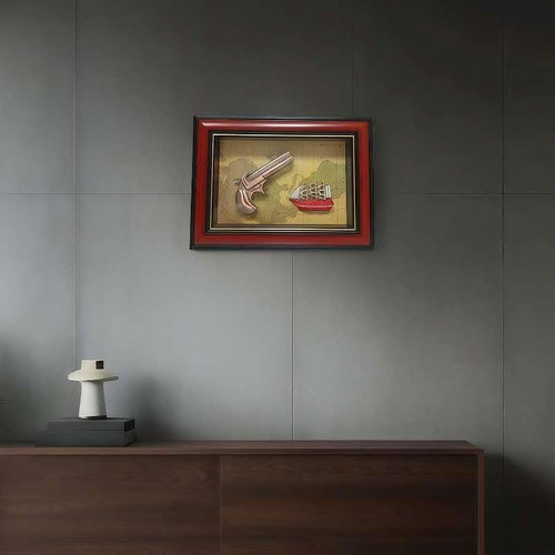 Wall panel with pistol and ship new, plastic and glass
