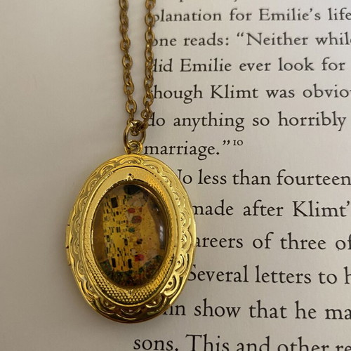 Gold Plated Romantic Locket Necklace with Gustav Klimt's The Kiss