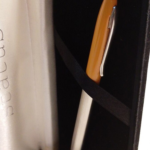 Vintage Status pen case with silver and tan metal pen like new
