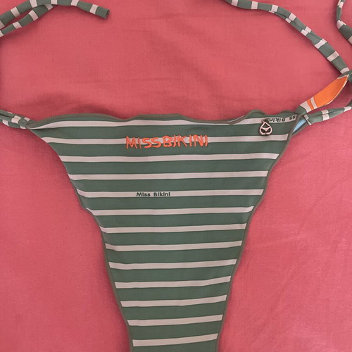 Miss Bikini bikini bottom used, vintage striped with orange hearts and sequins