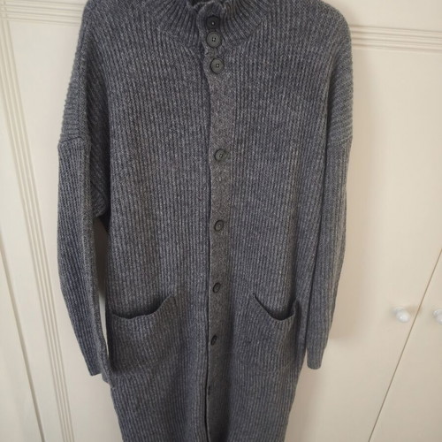 Women's long knitted cardigan 3XL, charcoal grey, high neckline, front pockets