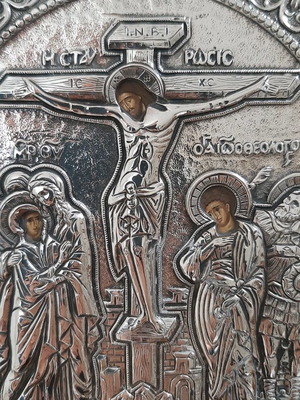 Byzantine Crucifixion silver 950 icon used with wooden frame