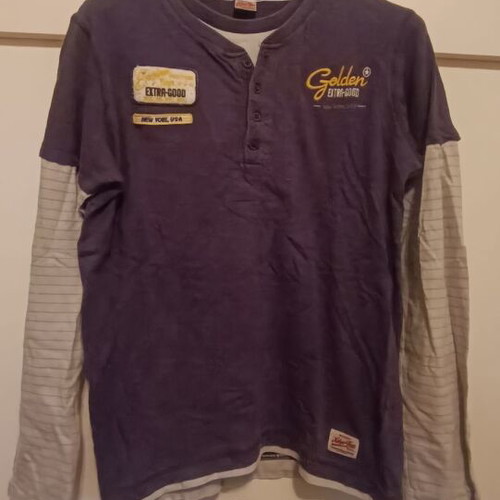 Long-sleeve shirt with fake short sleeves used, blue and gray, size M