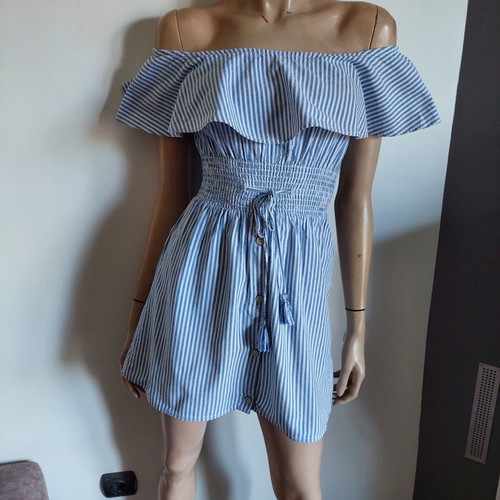 Zara summer off the shoulder dress blue white stripes size XS like new