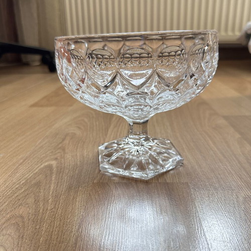 Vintage glass bowl with foot, embossed geometric pattern