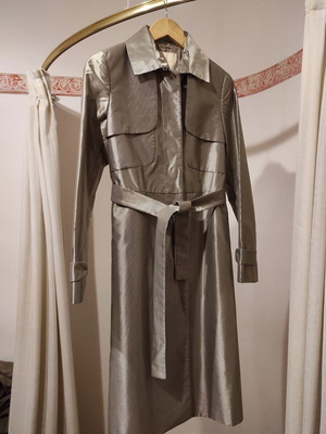 Women's trench coat from metallic fabric like new, gray and silver