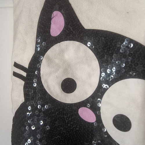 Fabric shoulder bag like new, ecru with black cat sequins design