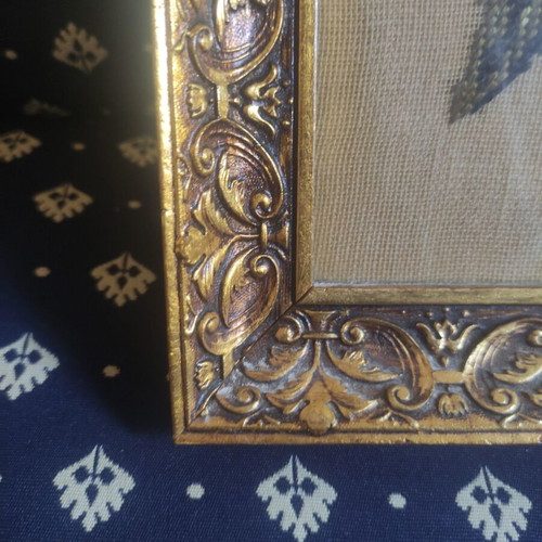 Vintage Gobelin embroidery textile painting 'Lilies' with gold frame