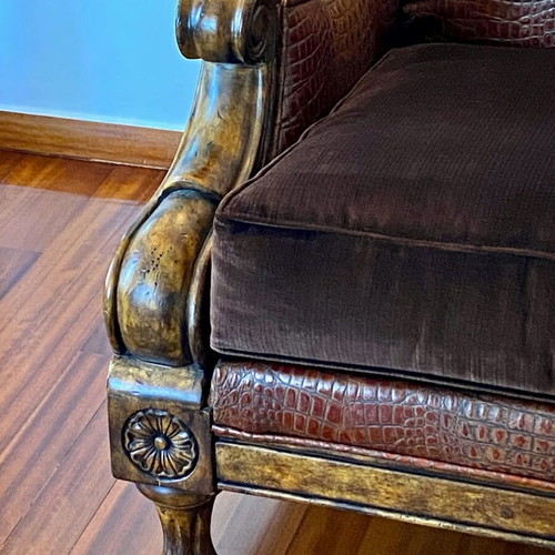 Paul Robert armchair leather and solid wood like new with velvet cushion