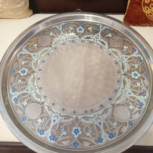 Vintage serving tray and fondue set with cloisonné enamel, like new