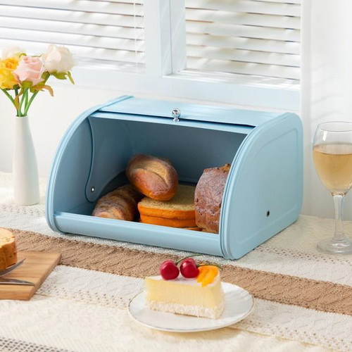 HollyHOME metal bread box with roll-top lid, light blue