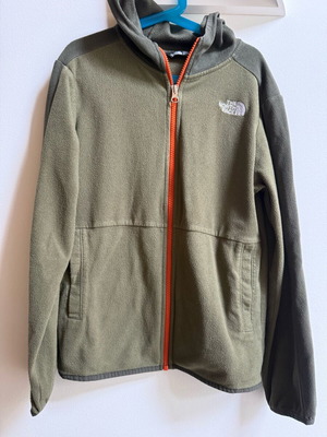 North Face fleece kids medium used, khaki with orange zipper