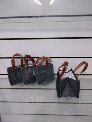 Σετ 4 τσαντάκια γκρι από λινάτσα με δερμάτινα χεράκια και εσωτερική ναυλον επένδυση, καινούργια