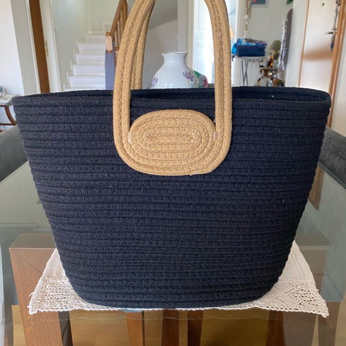 Ble summer handbag new, black with beige design, cotton rope material