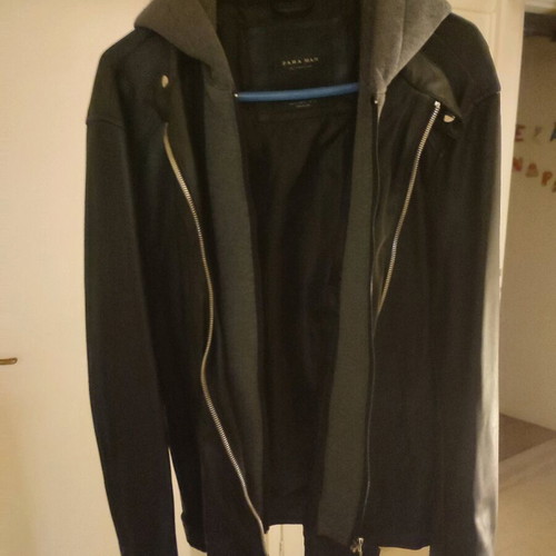 Zara Man faux leather men's jacket new, size XL, black with gray hood