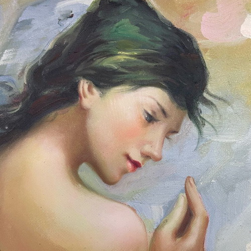 Oil painting used, unique with golden frame, girl theme
