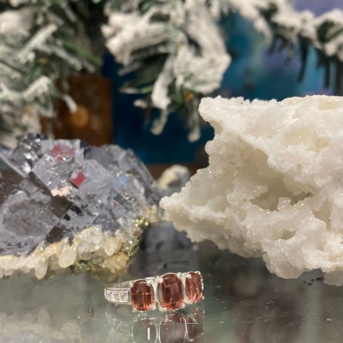 Handmade Silver Ring with Natural Pinkish Brown Tourmaline AA Quality and Moissanite