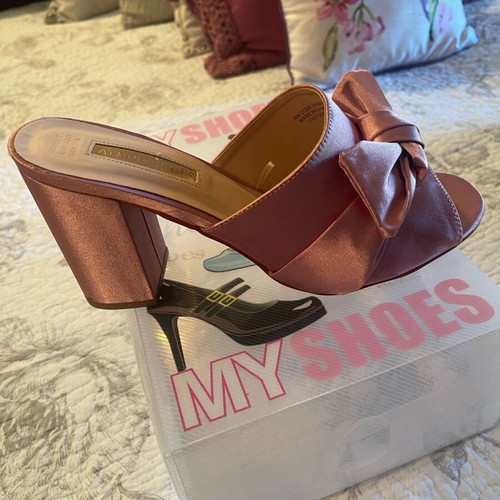 Pink satin mules new with bow and thick square heel Primark