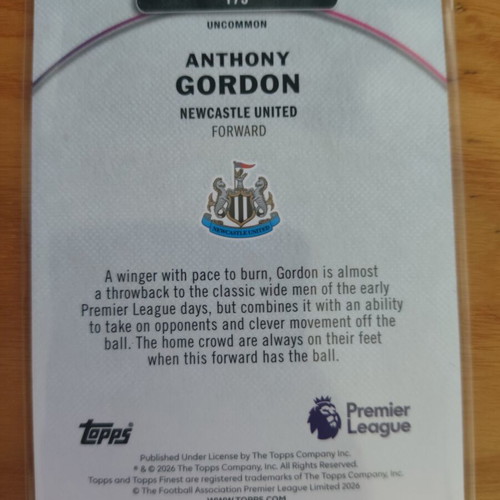 Topps Finest Anthony Gordon Newcastle-Barcelona uncommon EPL card like new
