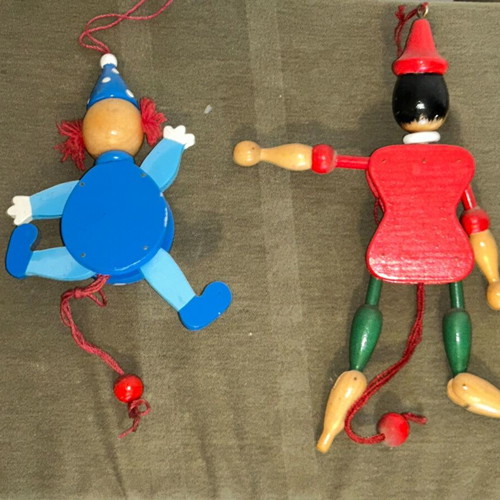 Set of 2 Wooden Articulated Wall Toys Pinocchio & Clown (Jumping Jacks, Italy)