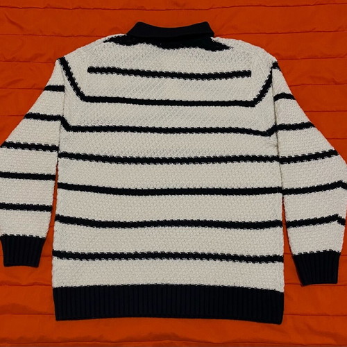 Zara striped knit polo sweater, size L, white and blue