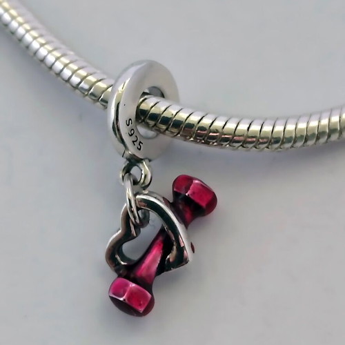 Charm Dumbbell and Heart Silver S925 with Pink Enamel New