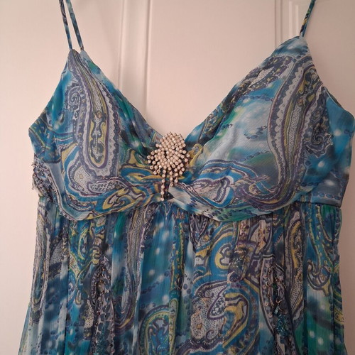 Charly silk evening dress like new, blue paisley with beads