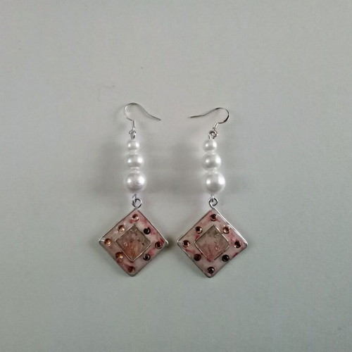 Handmade earrings pink and white resin with pearls and silver new