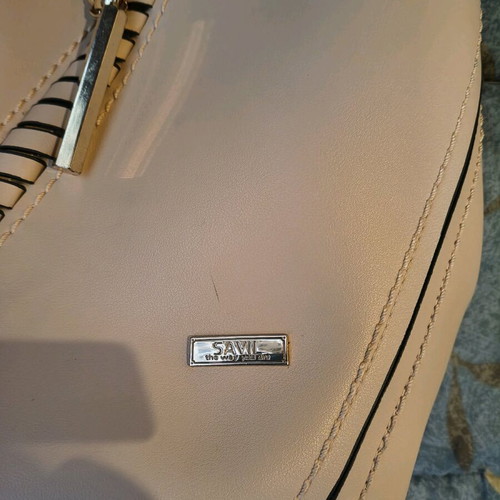 Savil leather shoulder bag, beige, bucket style