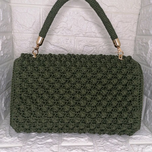 Handmade knitted handbag new, olive green with gold clasp