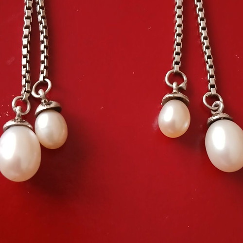 Earrings with marcasite and natural pearls in 925 silver, like new, 6 cm