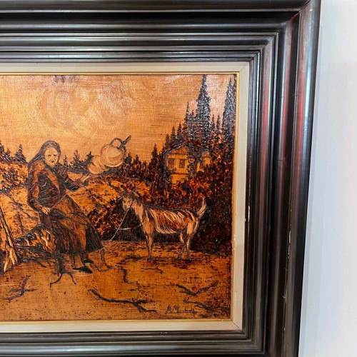 Vintage pyrography wall art with elderly woman and artist signature, 65x79