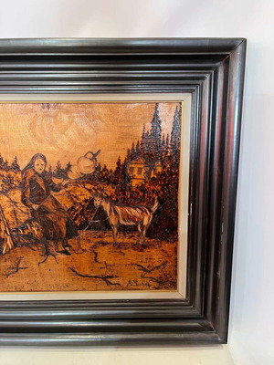 Vintage pyrography wall art with elderly woman and artist signature, 65x79