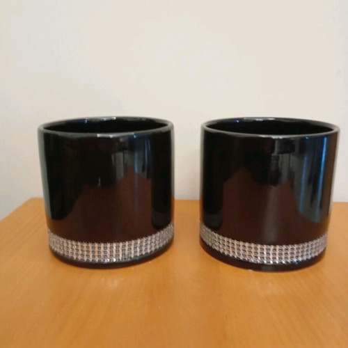 Black flower pots with rhinestones new, set of 2