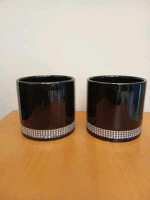 Black flower pots with rhinestones new, set of 2