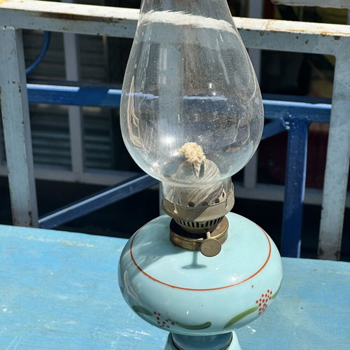 Vintage opaline oil lamp used with hand-painted floral decor 45x11.5 cm