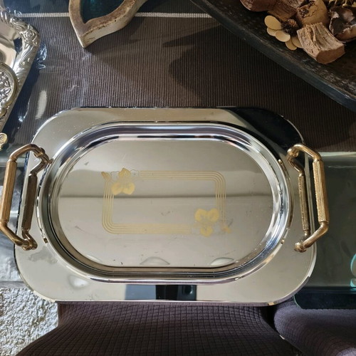 Twin Bird stainless steel tray like new, silver with gold handles