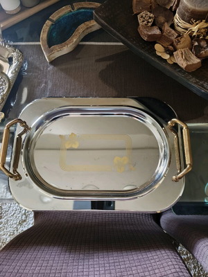 Twin Bird stainless steel tray like new, silver with gold handles