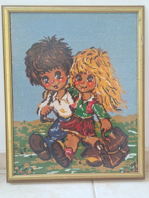 Vintage embroidered picture depicting children going to school, like new, 52×42 cm