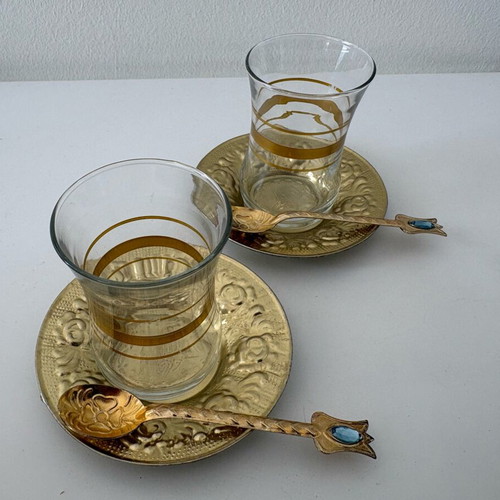 Turkish metal tea set in gold tone like new
