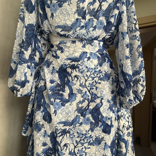 Virginia Karafousia off shoulder top and maxi skirt set new, white and blue